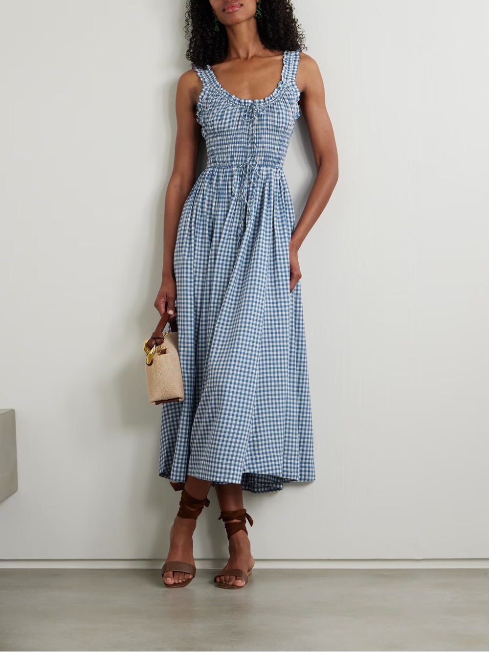 NWT Doen Emmaretta checked organic cotton-blend voile midi dress blue size XS - Picture 9 of 12